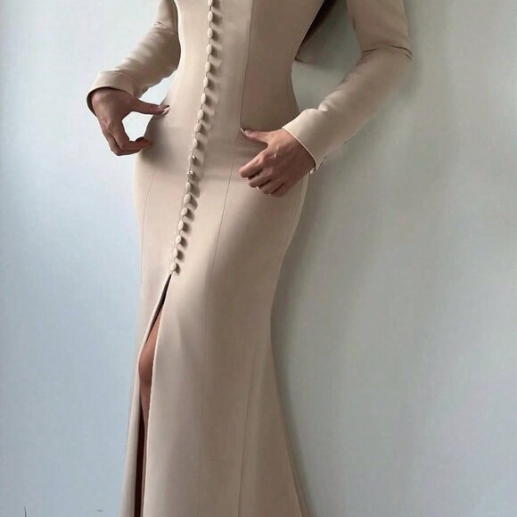 Khaki Elegant Women's Long Sleeve Formal Dress - Picture 3 of 7